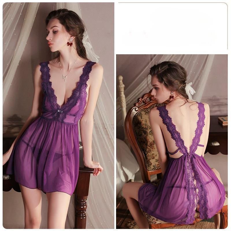 Damen Sexy Spitze Durchsichtiges Nachthemd Netz-Rückenfrei Cami Nachthemd mit Tanga