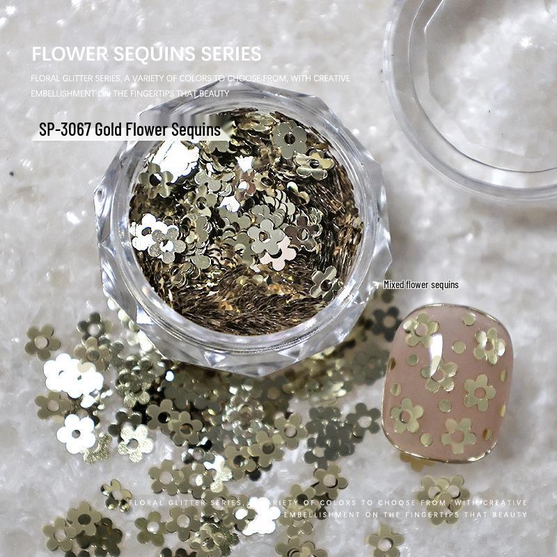 

Fairy Nail Art Decorations: Flower Petal Glitter Sequins in Gold, Silver, Black, and White