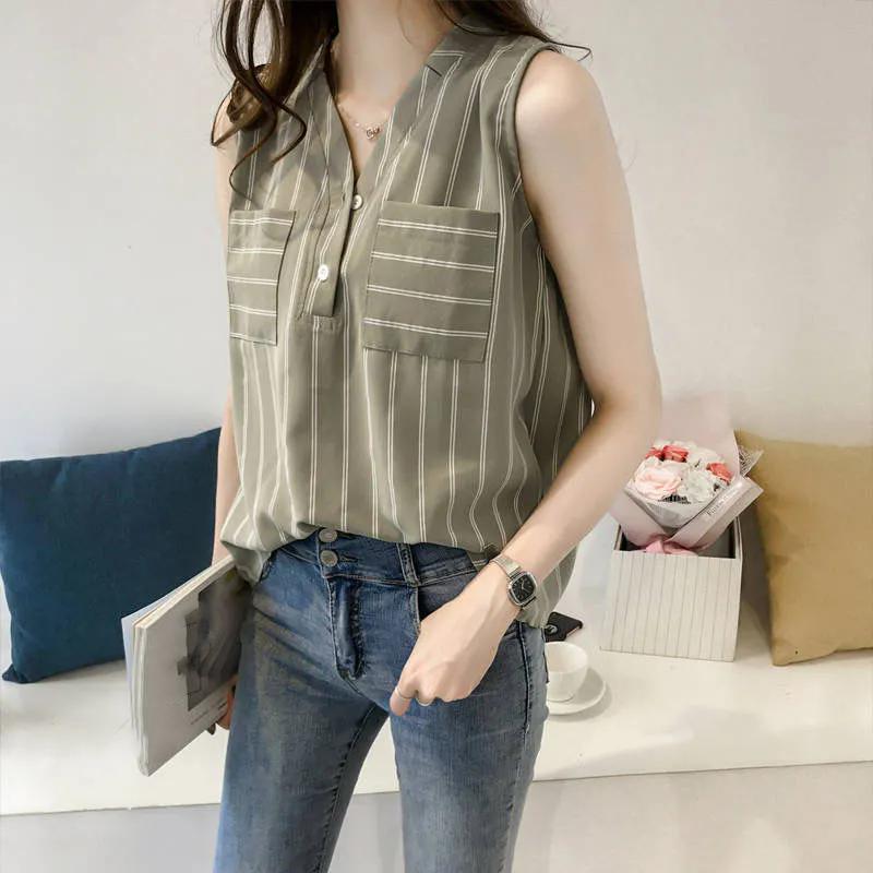 WTEMPO Turn-down Collar Sleeveless Striped Chiffon Shirts Women's Spring Summer Large Size Vest Tops with Buttons and Pockets