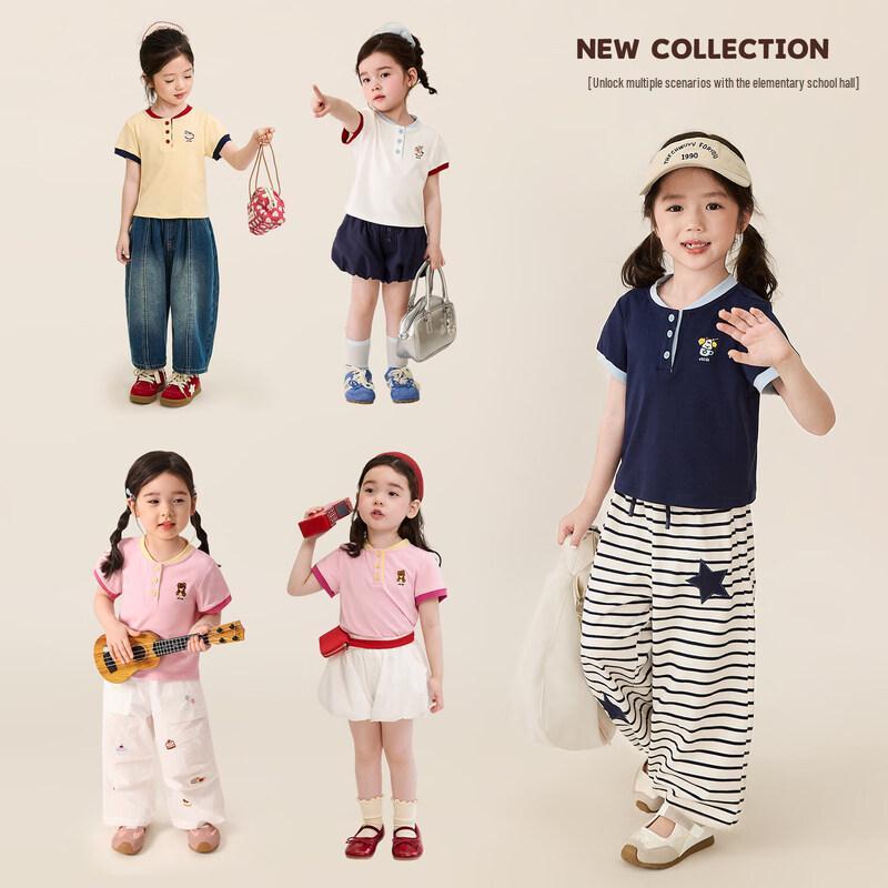 LUSON Girls' Summer Henry Collar Color-block Short Sleeve T-shirt