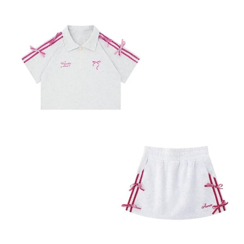 

Летний американский комплект юбки Y2K из 2 предметов, женская повседневная футболка с короткими рукавами и милым бантом + милая тонкая мини-юбка, спортивные костюмы в стиле Харадзюку XL белый