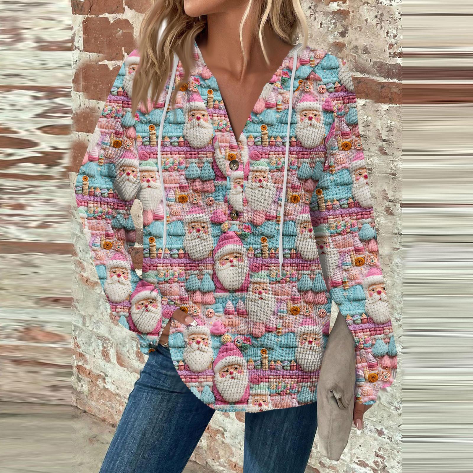 

Женская мода с длинным рукавом, завязками на шнурке, капюшоном, пуговицами, V-образным вырезом, повседневная толстовка с капюшоном и рождественским принтом M