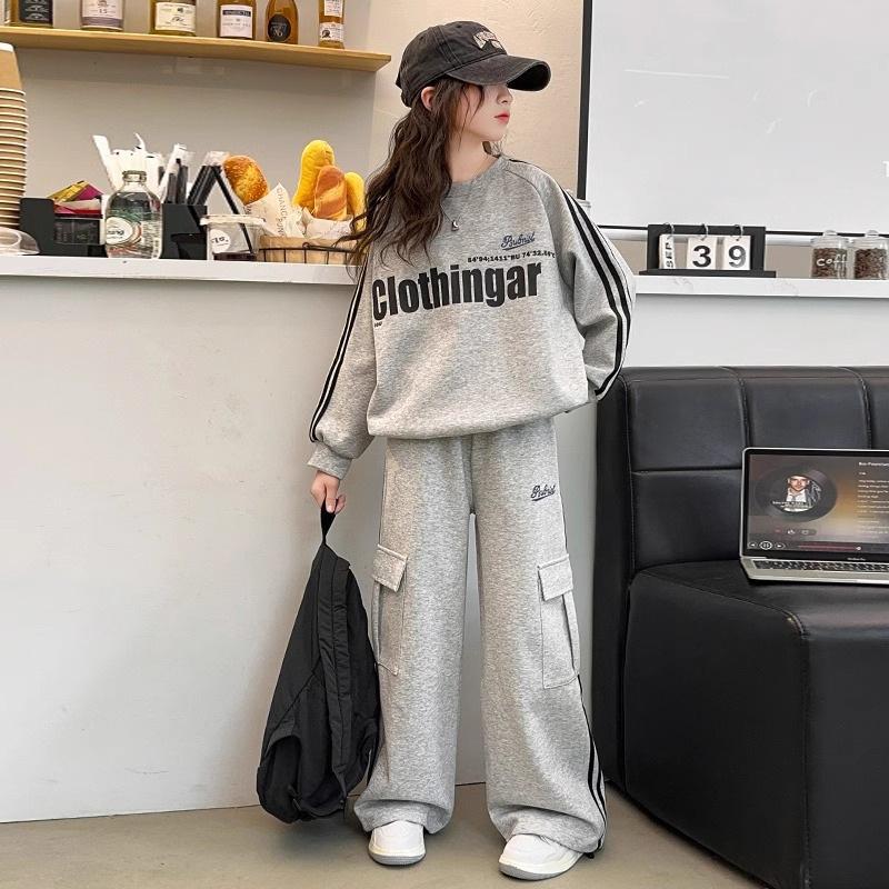 

Junior Girls Spring 2PCS Tracksuit Clothes Set Cotton Letter Printed Sweatshirt Outfit Loose Elastic Wiast Sports Pant Suits 170 чорний