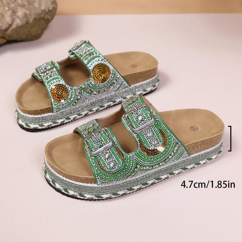 Ins New Thick-soled Hemp Rope Metal Buckle Rhinestone Cork Beach Slippers Large Size Shoes