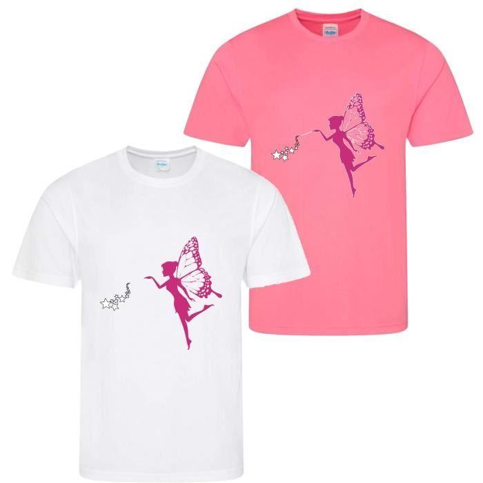 Tee shirt enfant - Fée - Lot de 2 - Manches courtes - 100% polyester - Blanc et rose