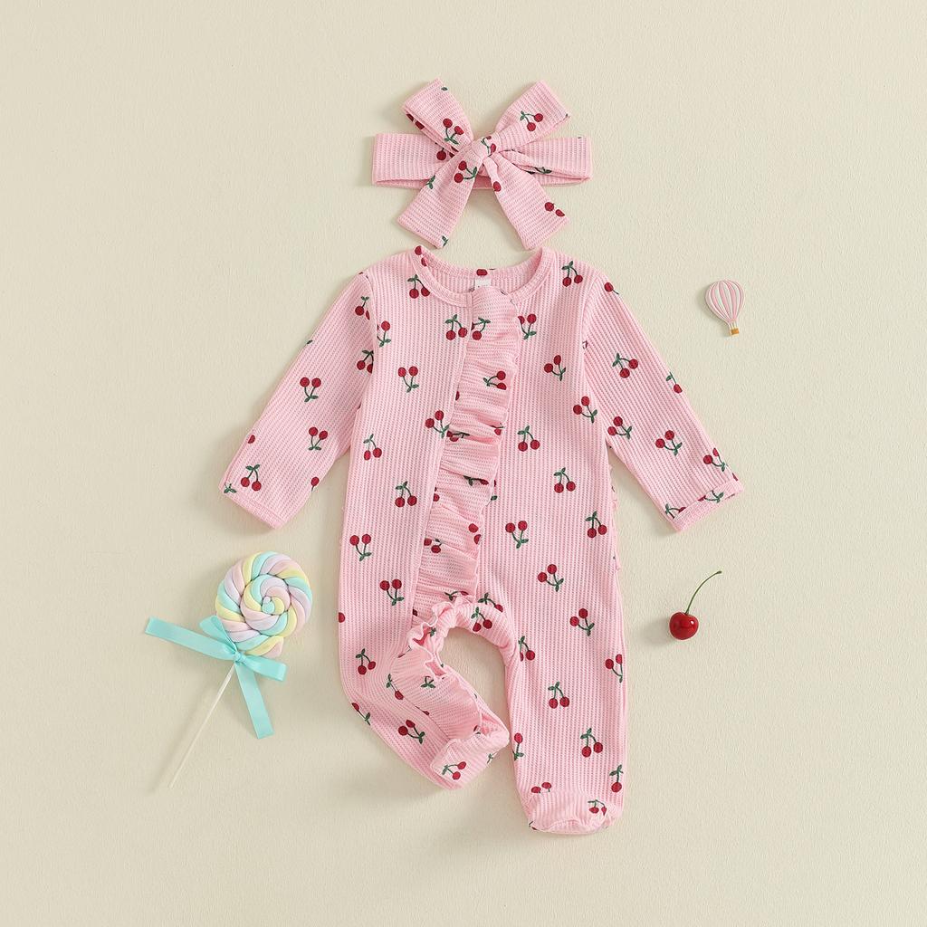 Citgeett Autumn Newborn Baby Girl Fall Romper Print Long Sleeve Zipper Ruffled Footed Jumpsuit Headband Clothes