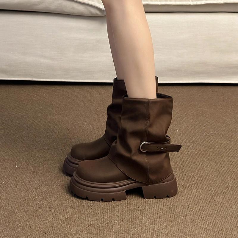 Fashion Women Boots Middle Follow Thick Sole Anti-slip Waterproof Platform Retro Upgraded Round Head Fang Hei Shoes Botas Mujer