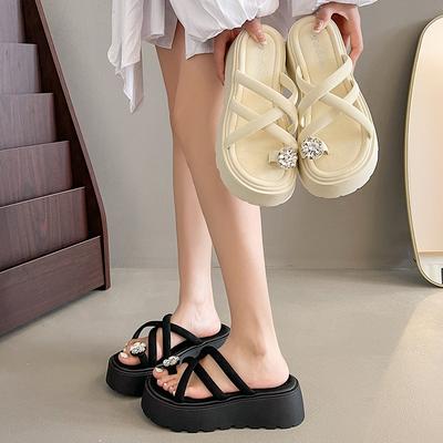 Beautiful and Super Well Matched with a Set of Toe Rhinestone Cool Slippers for Women's Summer Outer Wear Thick-soled Heightening Niche High-end Be