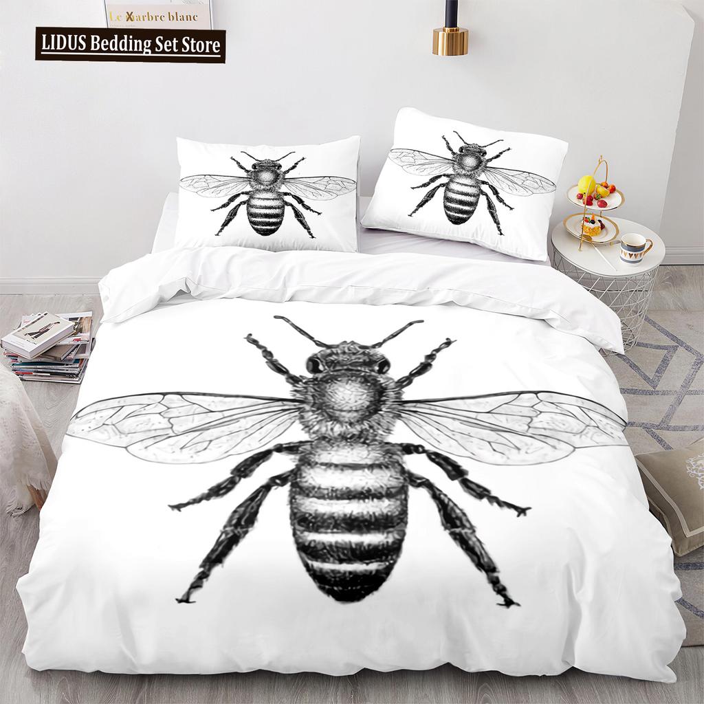 Bienen Bettbezug Set King Queen Größe Gelb Weiß Schwarz Cartoon Wütende Biene 3D Gedruckt Für Kinder Junge Mädchen Teenager Polyester Bettwäsche Set