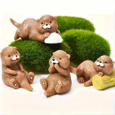 4-Piece Miniature Resin Otter Statues - Cute Animal Figurines with Expressions for DIY Fairy Gardens, Home Decor, and Parties -
