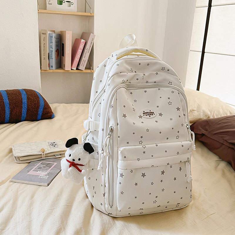 Star Pattern Simple Student Backpack With Plush Pendant For Casual Daily