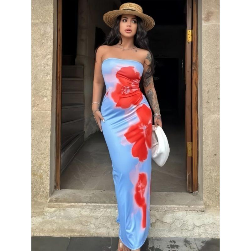 Western Style Women clothes 2024 Summer New Fashion Sexy Slim fit Print Wrap-around Split Dress