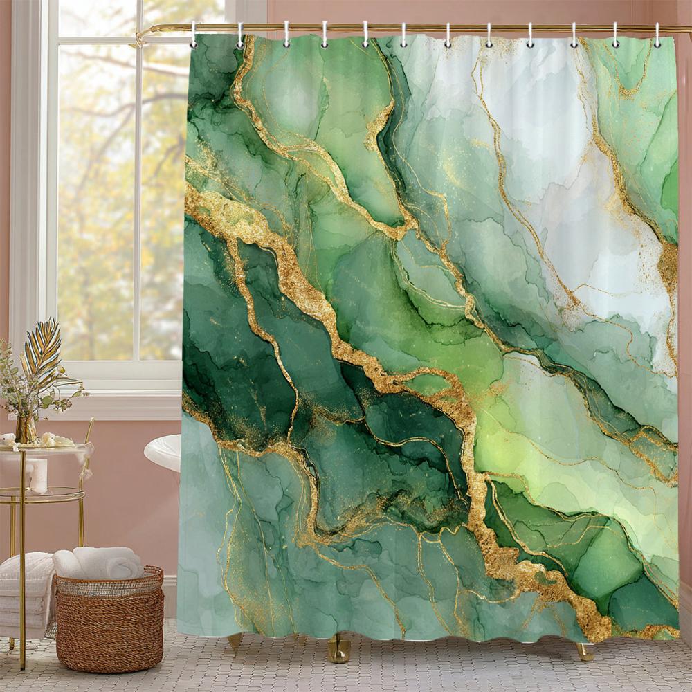 Dunika Chen Green Marbled Flow Art Shower Curtain, Bathroom Decorative Shower Curtain, Waterproof Shower Curtain With Hooks