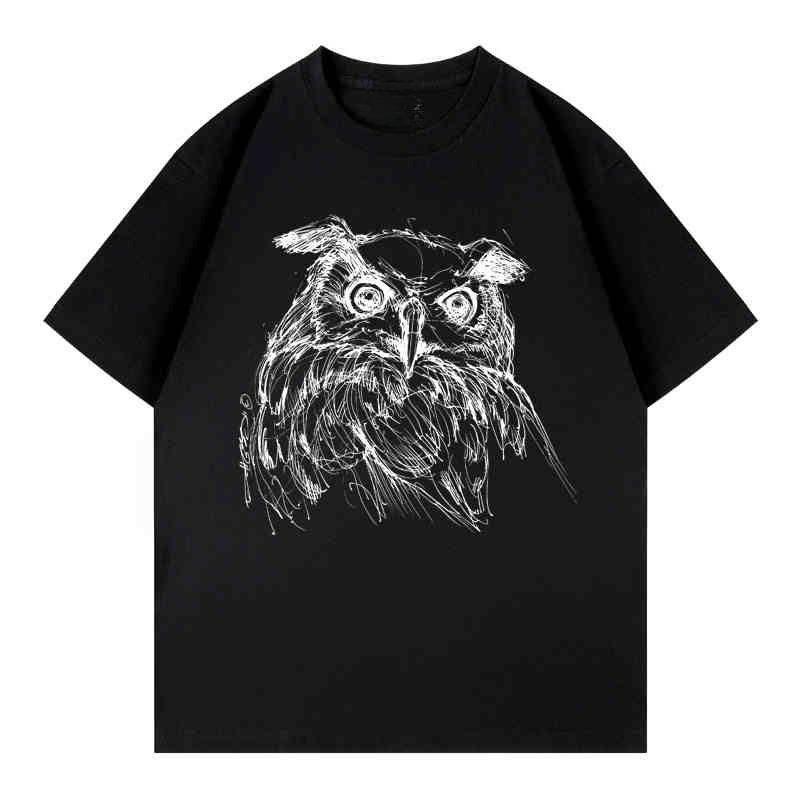 2025 Autumn and Winter Fashionable and Comfortable Cotton T-shirt Hand-painted Owl Print Men's Women's Plus Size Couple T-shirt