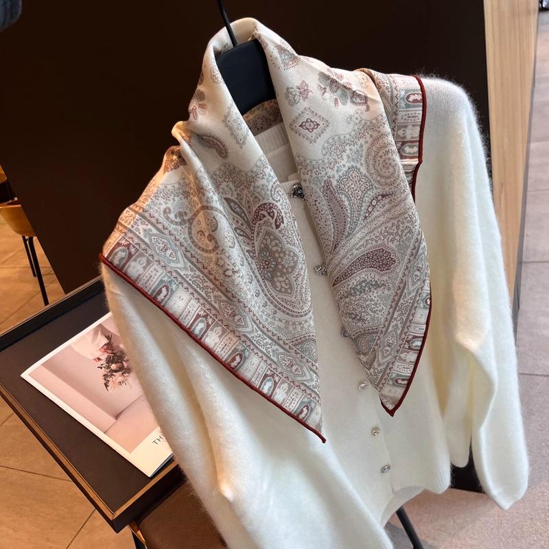 Mulberry silk wool 65 silk wool blended elegant cashew flower square scarf women s spring and summer elegant high-end silk scarf Standard