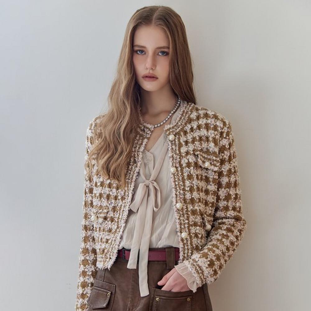 Maxza Pearl Button Tweed Texture Crop Cardigan Zf03qd002na blacks/FREE