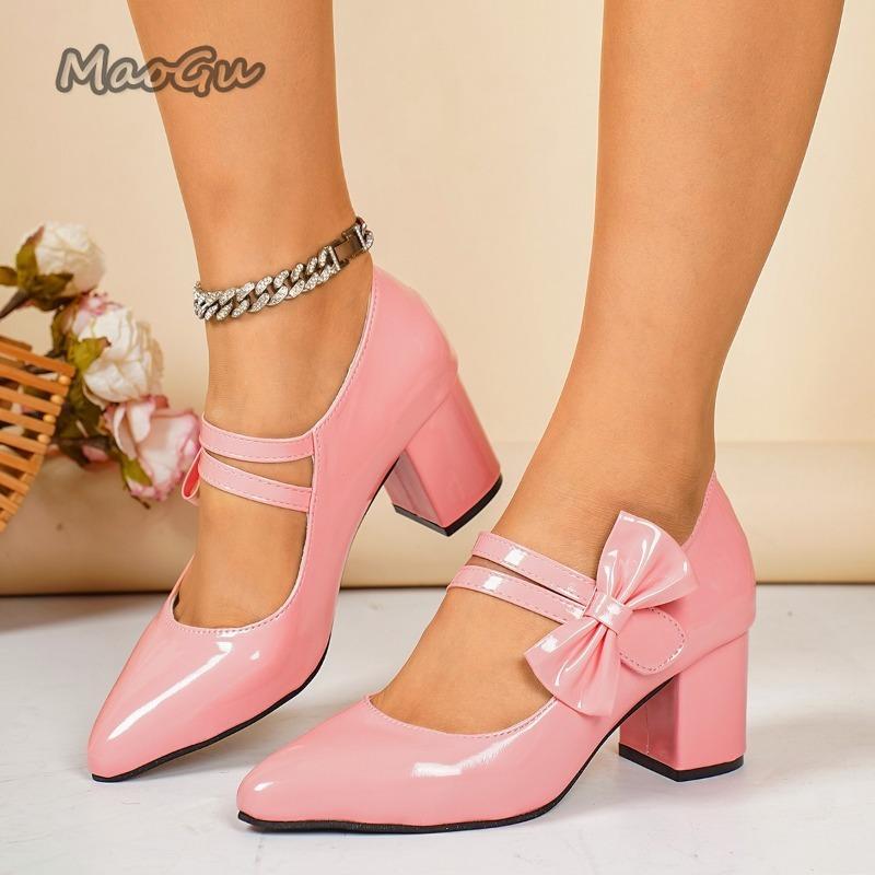 Elegant Women's High Heel Pumps Bowknot Decors Office Ladies Black Mary Jane Shoes Pu Leather Dress Shoes for Women Fashion