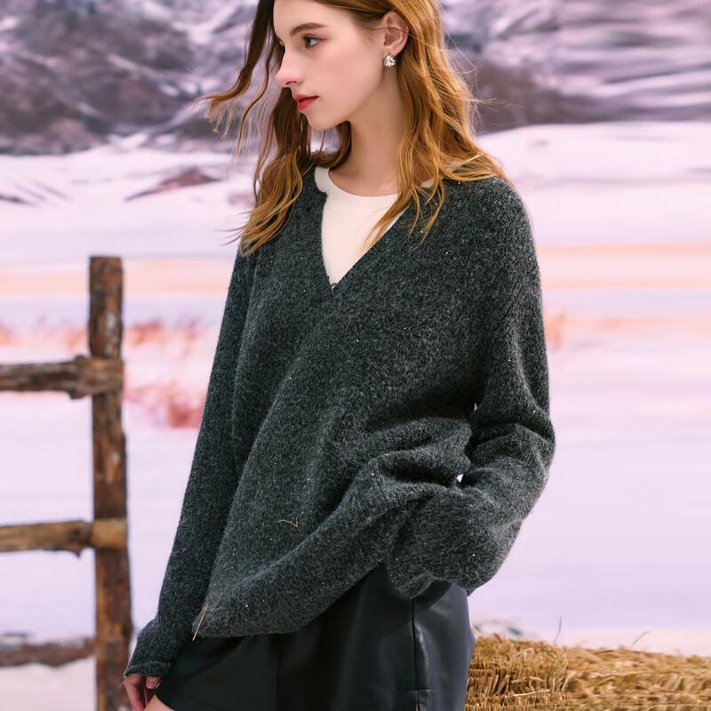 Sancai Women's 2025 Winter Sequined V-Neck Knit Pullover