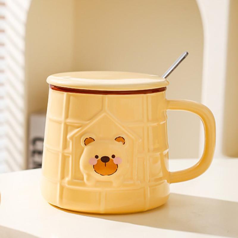 400ml Drinkware Ceramic Cup Household Creative Cute Bear Pattern Mug with Lid and Spoon Green Tea White Coffee Milk Brewing Cups
