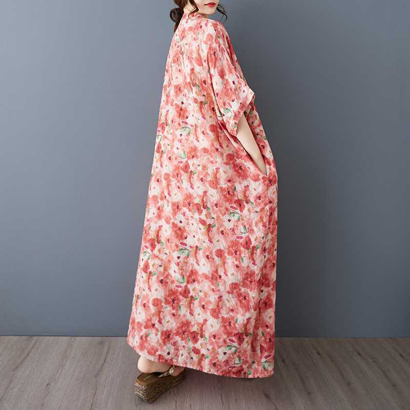 Summer Floral Vacation Style Travel V-neck Retro Long Dress To Hide The Flesh Cotton and Linen Dress