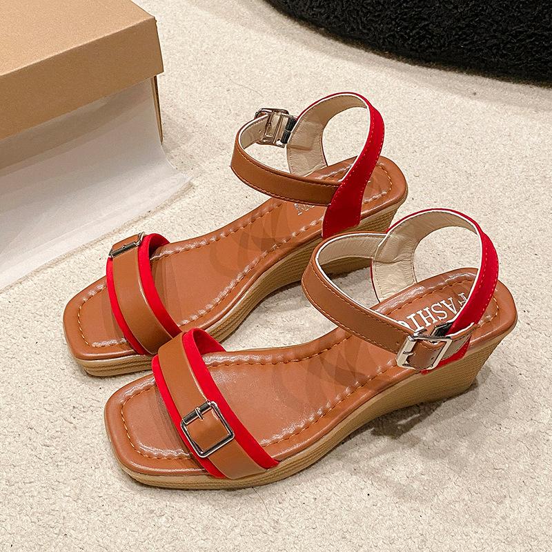 

thick-soled wedge sandals women s summer new one-word buckle with open-toe high heel with skirt fashion Roman shoes 40 красный