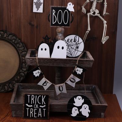 Halloween Tiered Tray Decor Set Cute Wooden Black White Tray Wooden Sign Ghost Wooden Halloween Theme Party For Home Decoration