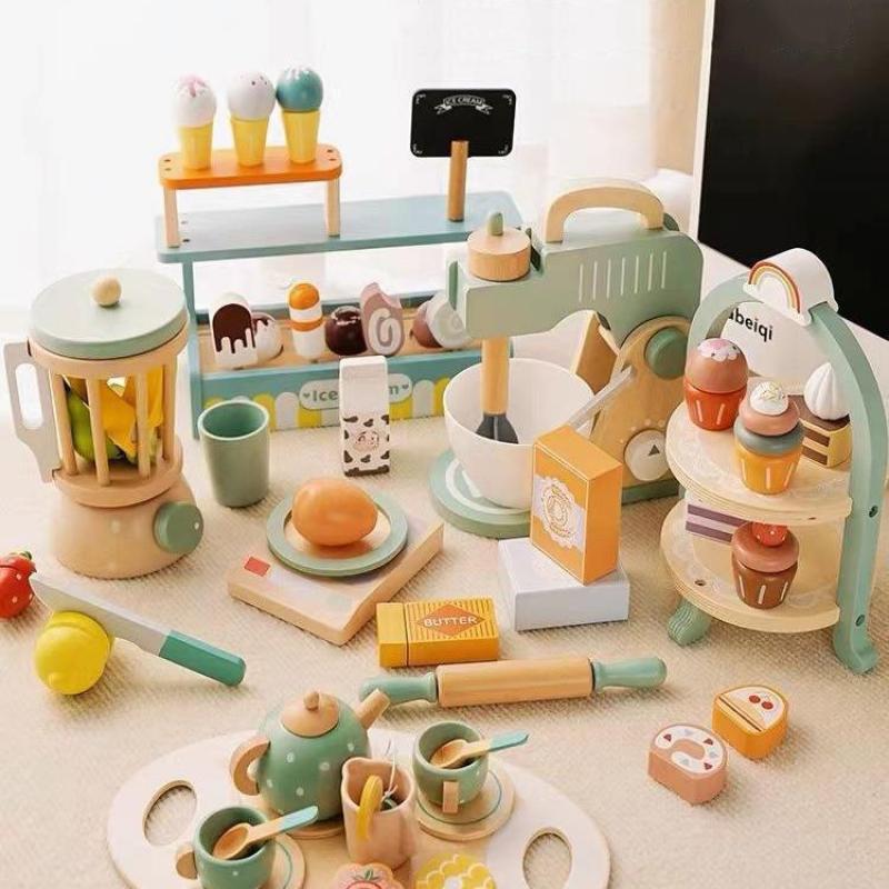 

Wooden Childrens Kitchen Playset Role Playing Toy Realistic Vegetable Fruit Coffee Machine Bread Maker Parent Child Bonding