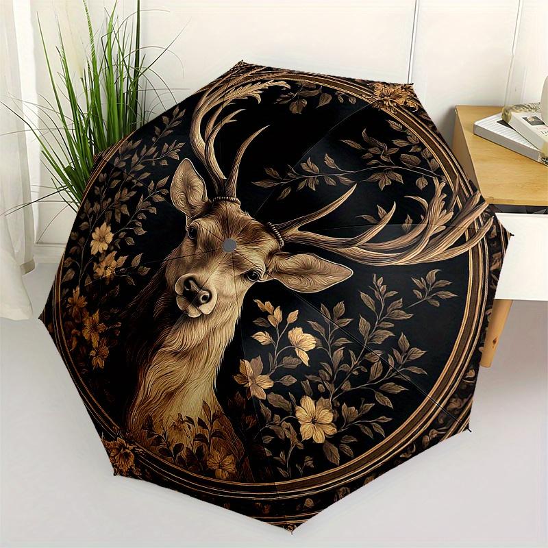 Elegant Deer Wall Decor: Nature's Majestyin Gold & BlackUmbrella, Portable 3-Fold Compact Umbrella for Men & Women Gift