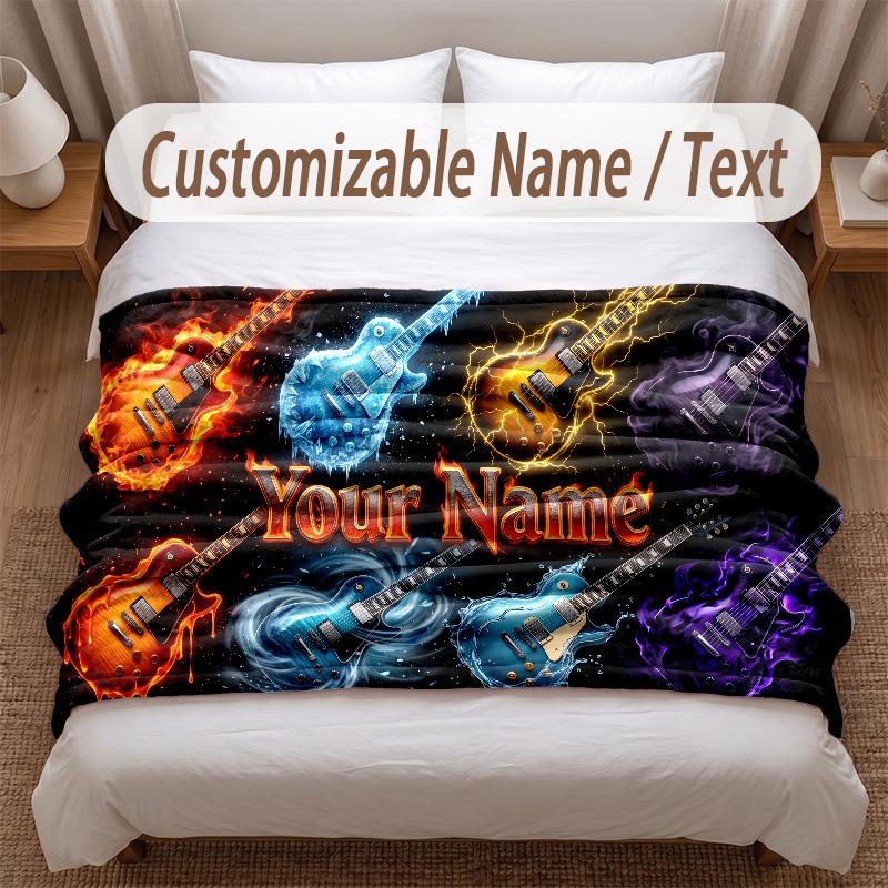 Music Guitar Theme Soft Blanket Personalized Custom Name Text Print Warm Blanket Home Sofa Bedroom Decor