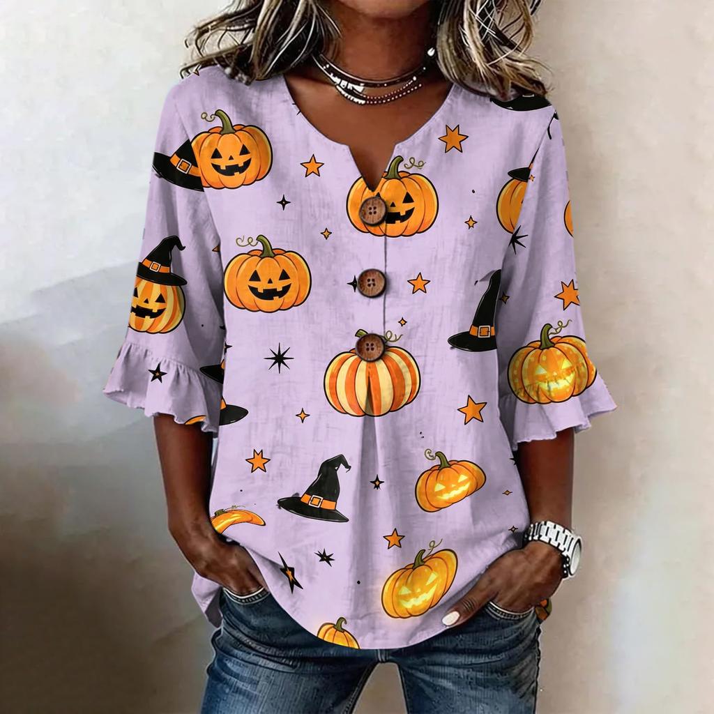 Women's Casual V-Neck Ruffle Trim Patchwork Sleeve Loose Fit Halloween Print Top