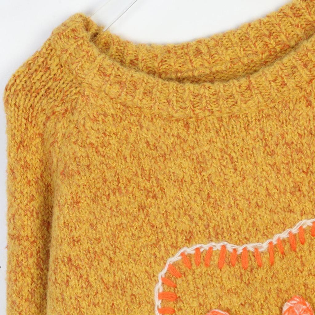 Color Block Cartoon Embroidered Knit Sweater - Women's Autumn/Winter Crew Neck Pullover with Long Sleeves