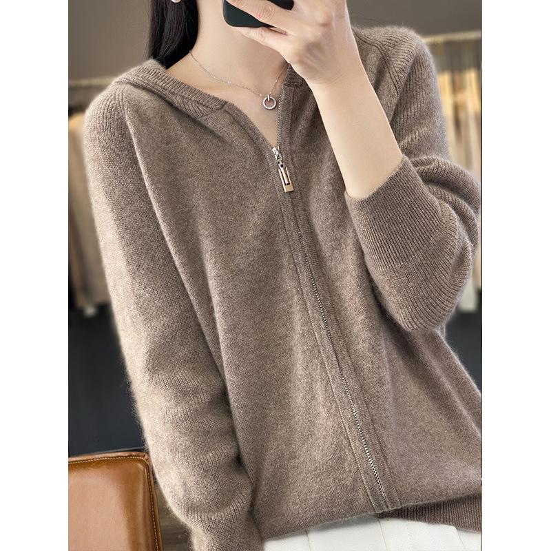 Zipper Long-sleeved Hooded Knitted Cardigan Women's Short Jacket Lazy Sweater Loose Casual Solid Color Top