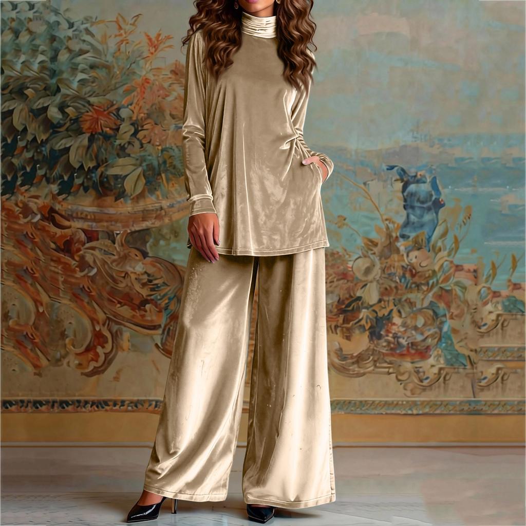 Women's Fashionable Casual Velvet Loose,fitting High,neck Slit Top And Wide,leg Pants Set