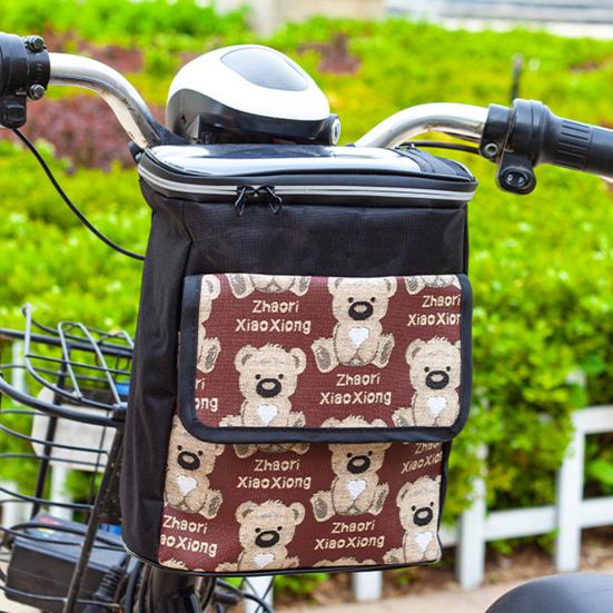 Bike Handlebar Bag Waterproof Large Capacity Cartoon Pattern Zipper Closure Double Layer Bike Front Bag Electric Bicycle Handlebar Frame Bag