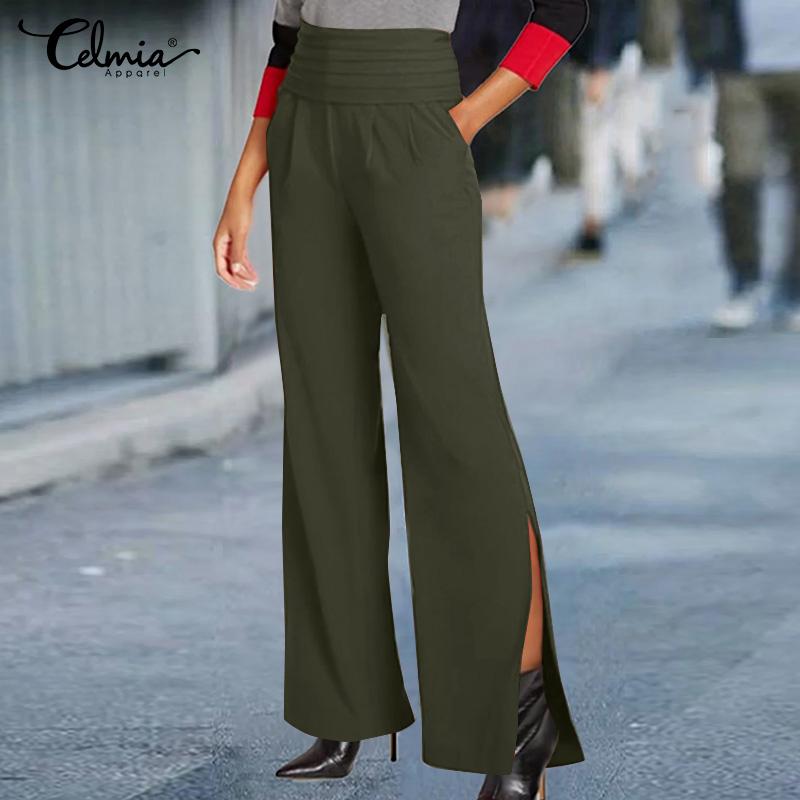 

Celmia Пружина Женщины Flare Split Высокая талия Твердая широкая нога Макси Брюки