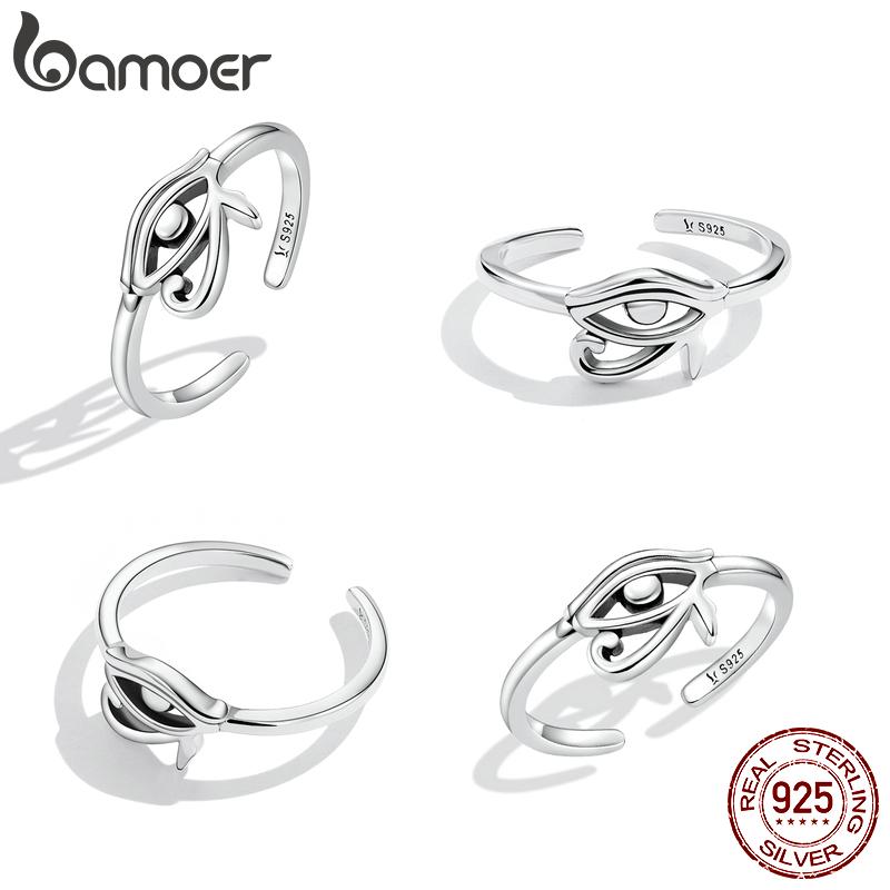 BAMOER 925 Sterling Silver Eye of Horus Egypt Protection Open Ring for Women Personality Cool Band Ring Fashion Jewelry Gift