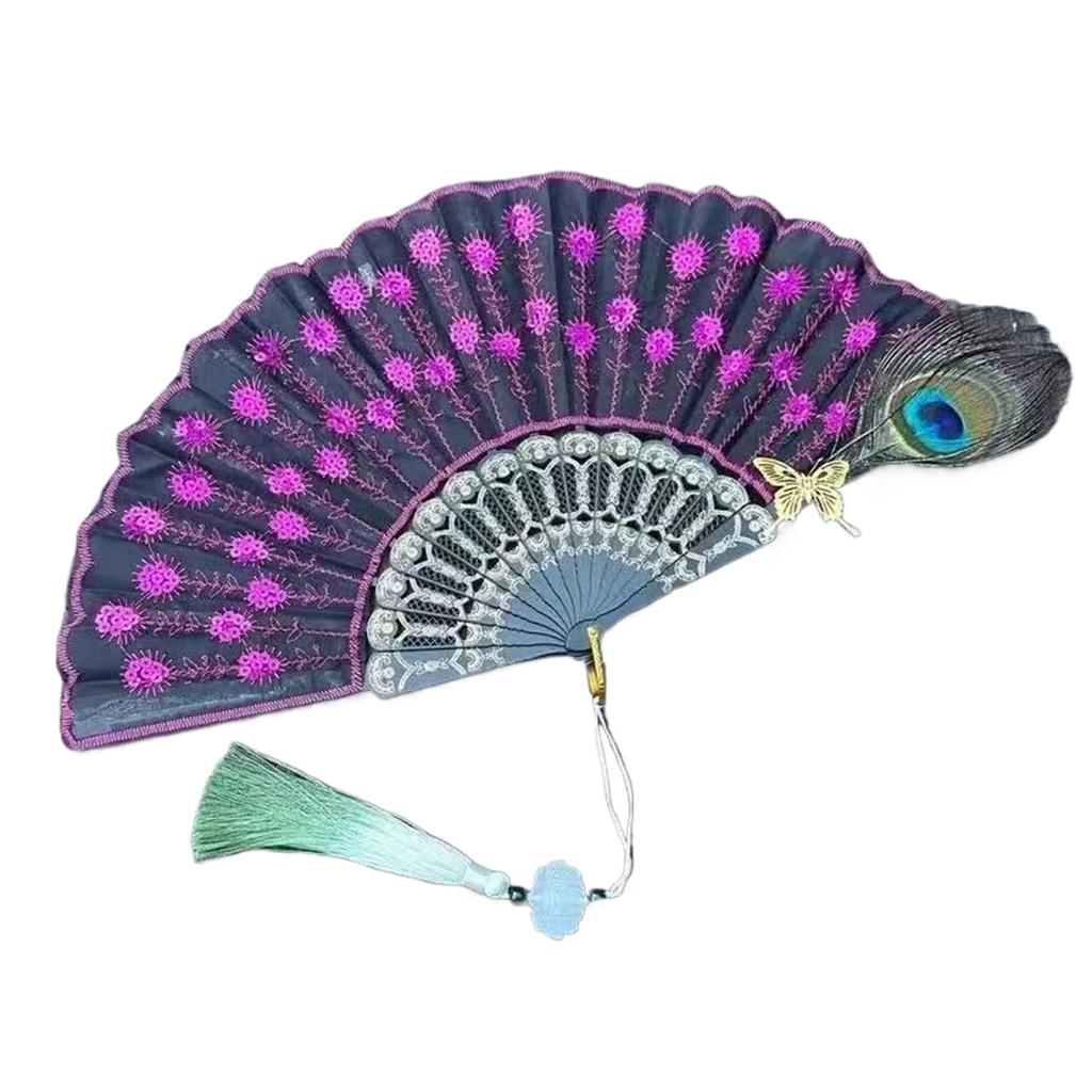 Colorful Hand Fan Elegant Peacock Feather Folding Fan for Halloween and Vintaged Type Occasion Decoration