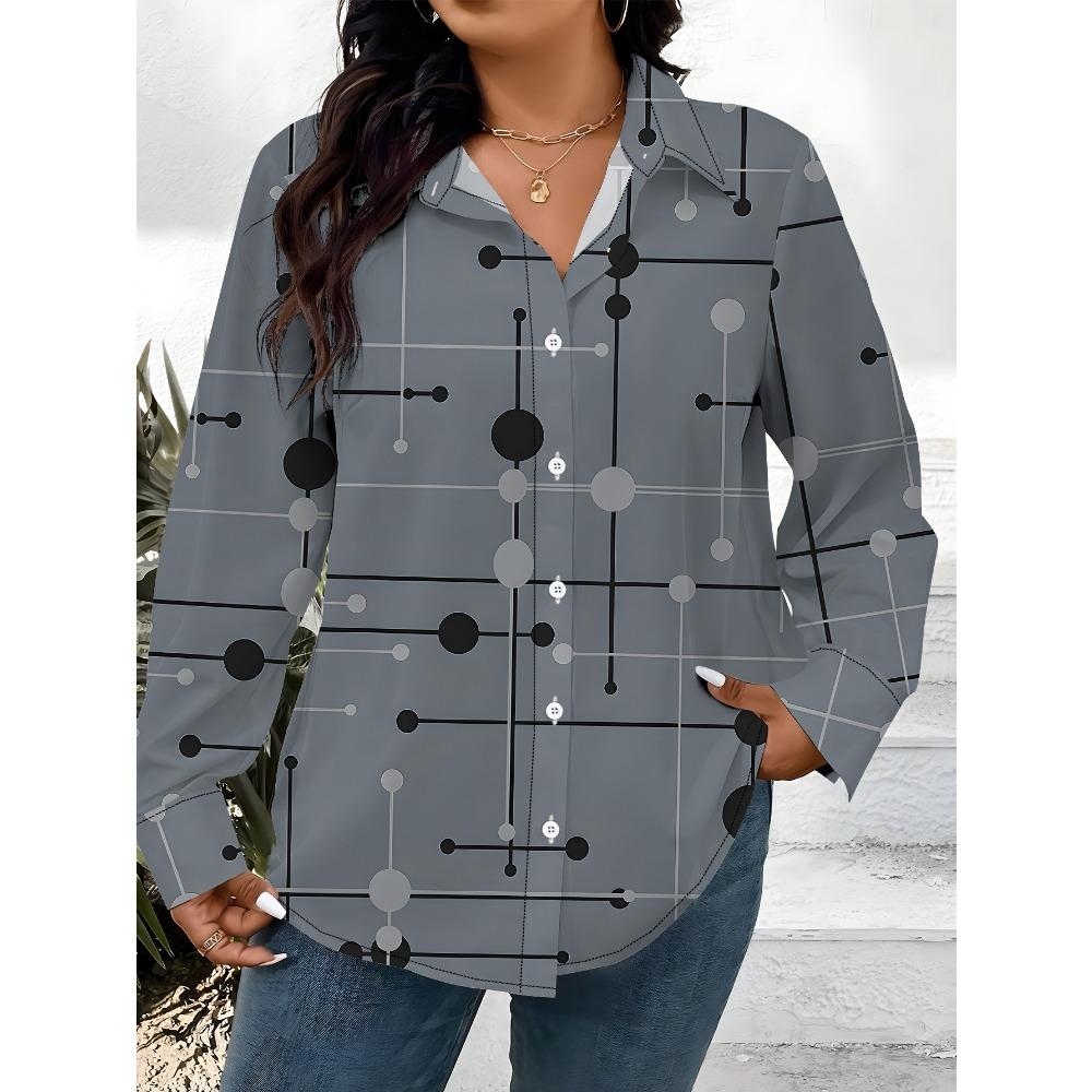 Large Size Women's Long-sleeved Shirt, Geometric Loose Print Shirt