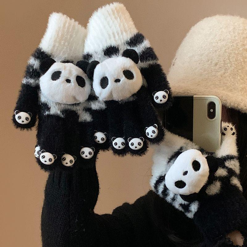Cute red panda plush knitted gloves female winter thickened warm student riding cold can be divided