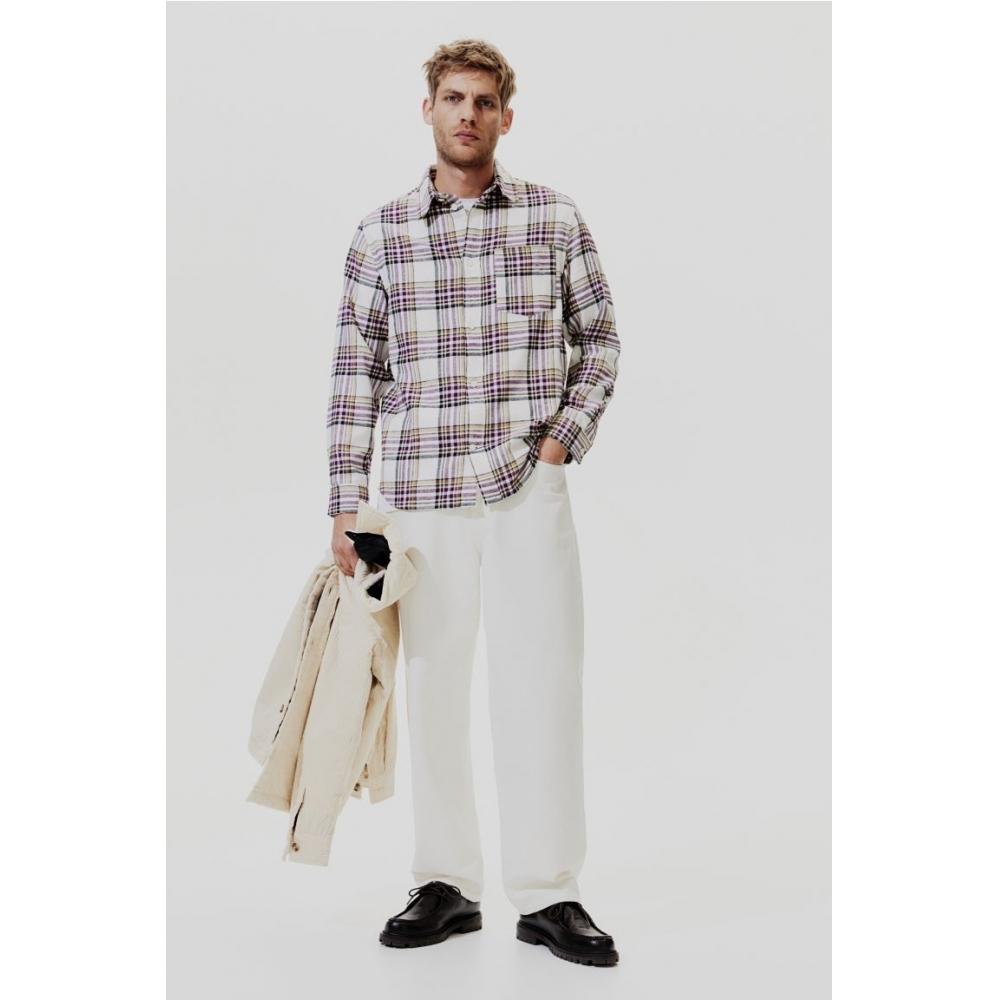 

H M regular fit flannel shirt white purple check