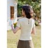 Meixiu Slim Fit Back Hollow Pearl Button Knit T-shirt