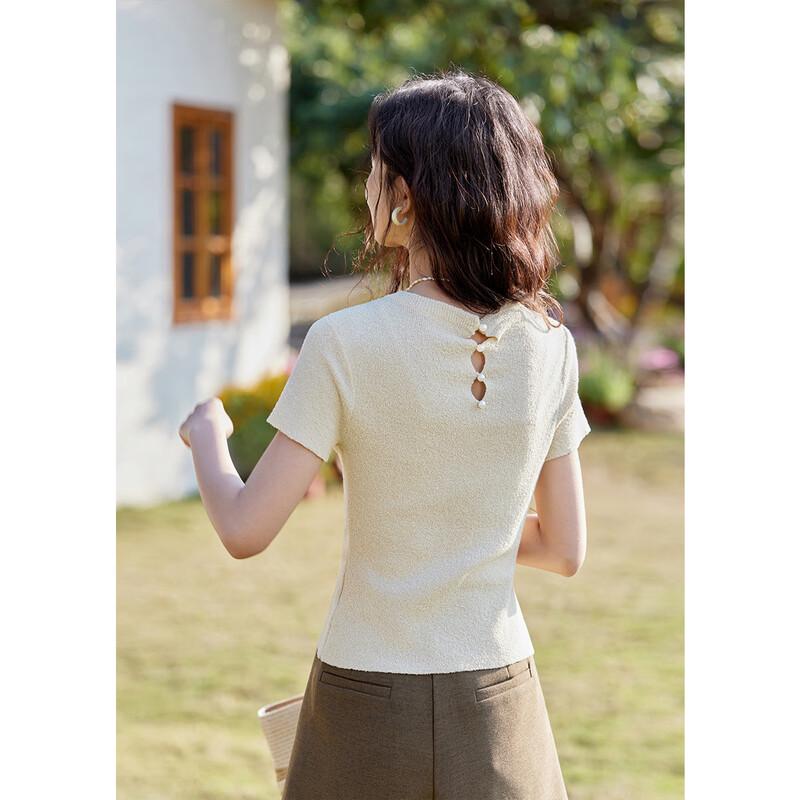 Meixiu Slim Fit Back Hollow Pearl Button Knit T-shirt