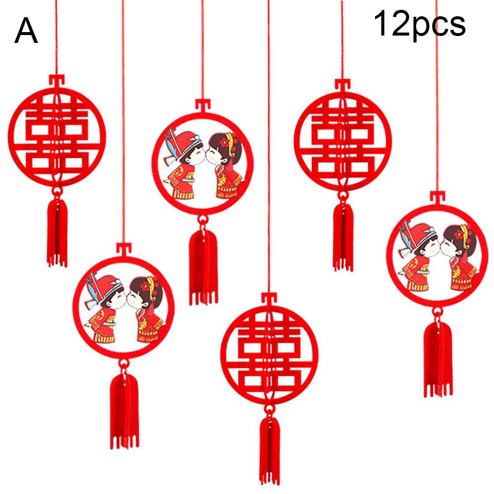 Fashion Ornaments Festival 12Pcs Chinese 3D Out Letter Hollow Cloth Xi Pendant Hanging Wedding Decoration