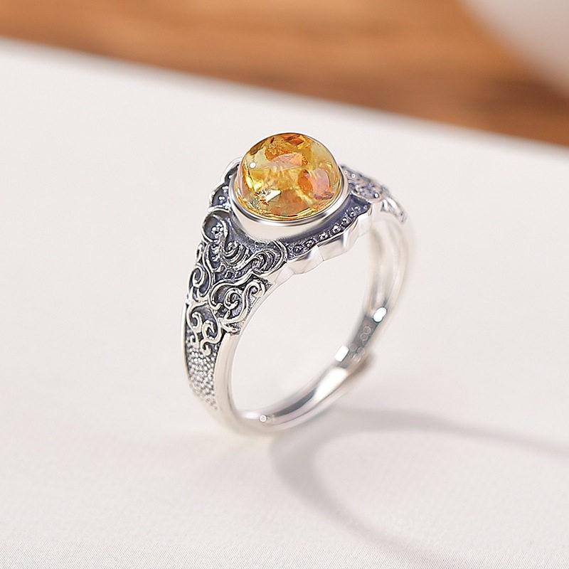 Adjustable Open Ring With Floral Amber Scroll Vintage Oxidized Copper Band Unisex Elegant Statement Jewelry Adjustable Open Band