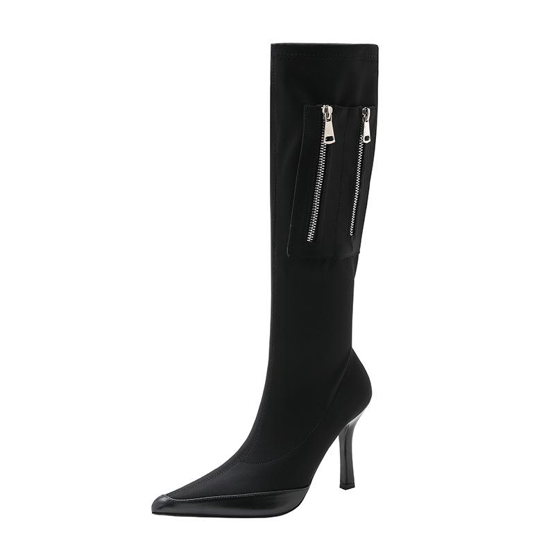 But Knee Boots Women's Autumn and Winter New Zipper Pointed Thin Elastic Boots Silk High Heel Boots