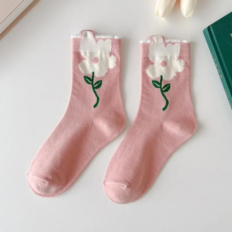 Women Socks Korean Japanese Style Cartoon Green Flower Harajuku Cute Kawaii Mid Tube Socks Breathable Casual Short  Cotton Socks