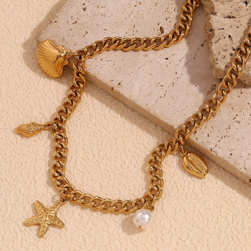 Fashionable and Retro Explosive Pendant Stainless Steel Plated with 18K Gold Ocean Style Pendant Side Chain Necklace for Women