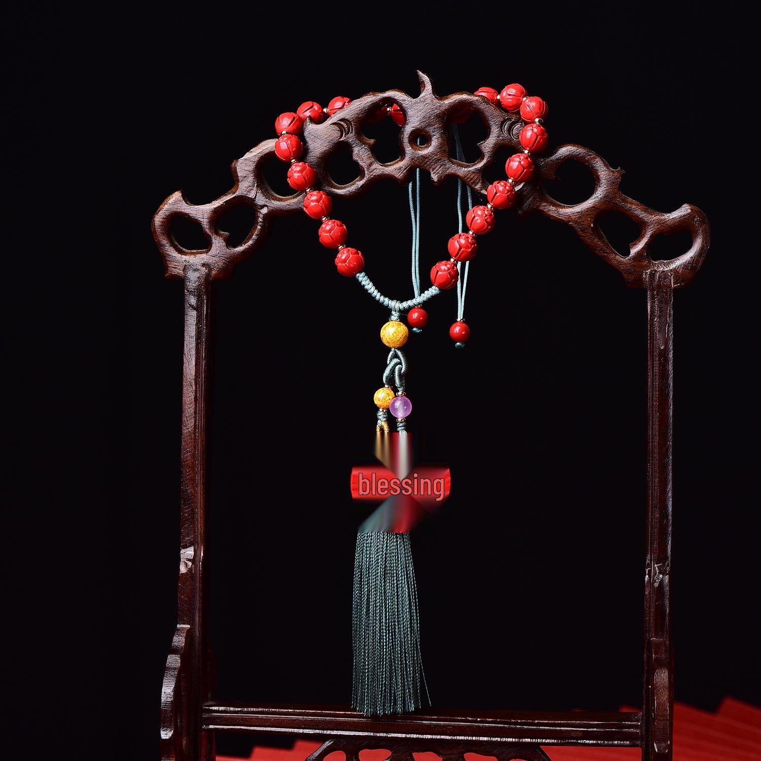 Cinnabar Lotus Blessing Rearview Mirror Pendant with Tassels - Elegant Ancient Style Car Ornament Genuine High-Content Cinnabar (Approx. 75%-80%)