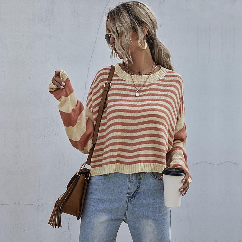 Vintage Fashion Elegant Casual Women's Striped Round Neck Loose Knit Short Sweater Women Inside Out