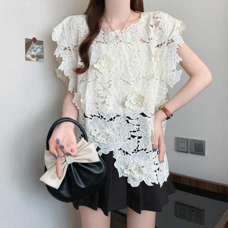 DIMANAF 2025 New Summer T-Shirt Women Basic Knitting Lace Vest Sleeveless Hollow Style Tops Loose